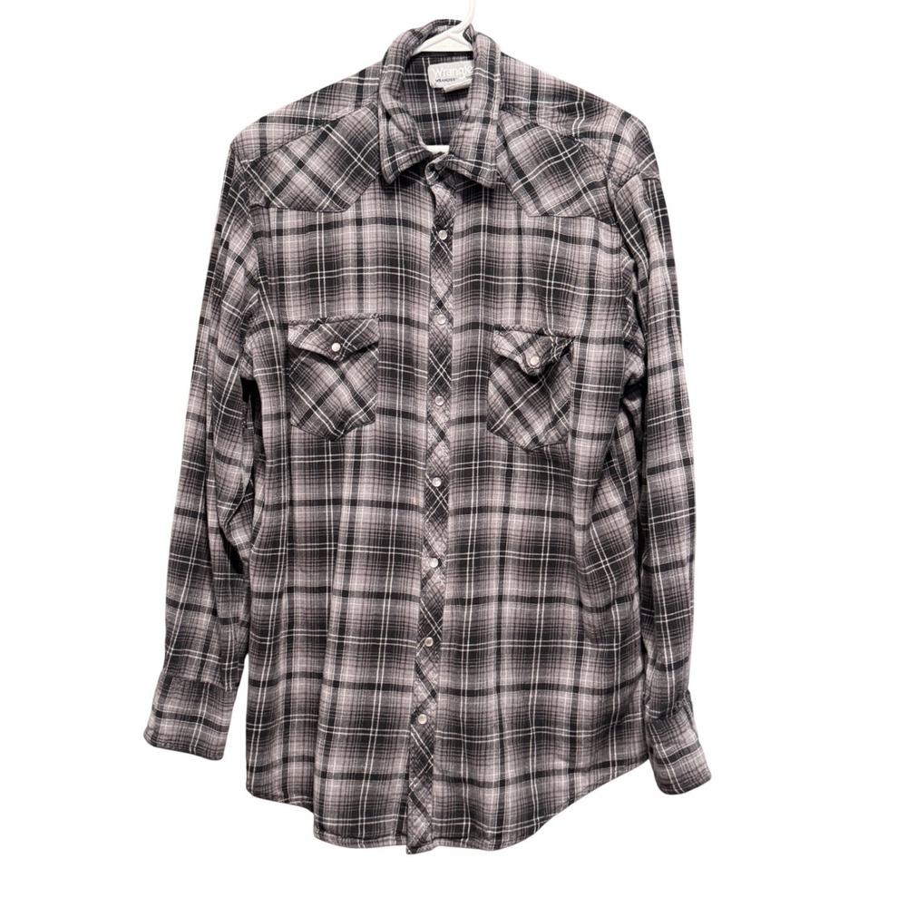 Wrangler Wrancher Mens Tall XL Black Gray Plaid Western Pearl Snap‎ Shirt Cotton